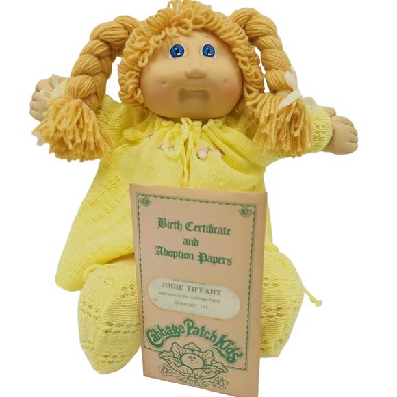 Vintage Cabbage Patch Kids Blonde Girl Doll Dimples Pigtails Yellow Dress 1985 - Picture 1 of 16